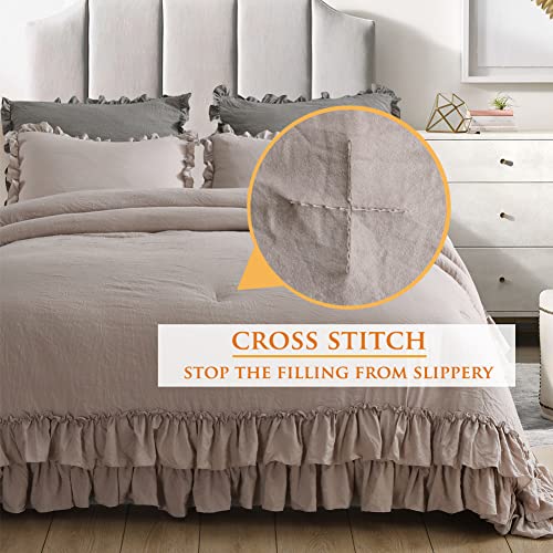 Masaca Shabby Ruffled King Comforter Set,Farmhouse Taupe Bedding Comforter Lightweight Ultra Soft Vintage Rustic Microfiber Bedding 3pc (1 Ruffle Comforter and 2 Pillowcases) - Image 5