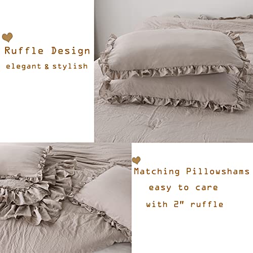 Masaca Shabby Ruffled King Comforter Set,Farmhouse Taupe Bedding Comforter Lightweight Ultra Soft Vintage Rustic Microfiber Bedding 3pc (1 Ruffle Comforter and 2 Pillowcases) - Image 4