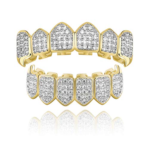 TOPGRILLZ Grillz Vampire Teeth - Grills for Your Teeth Grillz for Women Men 18K Gold-Plated Iced out CZ Fangs Hip Hop Rapper Costume Accessory Cosplay Extra Molding Bars（Gold） - Image 1
