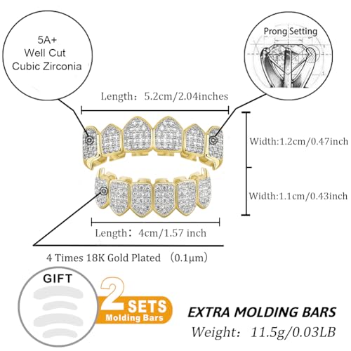 TOPGRILLZ Grillz Vampire Teeth - Grills for Your Teeth Grillz for Women Men 18K Gold-Plated Iced out CZ Fangs Hip Hop Rapper Costume Accessory Cosplay Extra Molding Bars（Gold） - Image 2