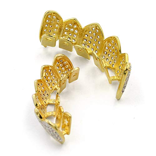 TOPGRILLZ Grillz Vampire Teeth - Grills for Your Teeth Grillz for Women Men 18K Gold-Plated Iced out CZ Fangs Hip Hop Rapper Costume Accessory Cosplay Extra Molding Bars（Gold） - Image 3