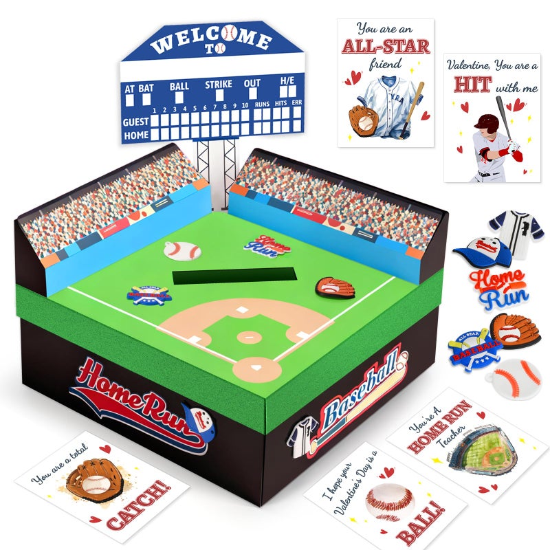 Gloween Baseball Valentines Day Box and Cards for Kids Classroom School Exchange, Great Valentines Gifts Party Favors for Boys Girls (1 Baseball Field Box, 32 Valentine Cards, 1 Teacher Card) - Image 1