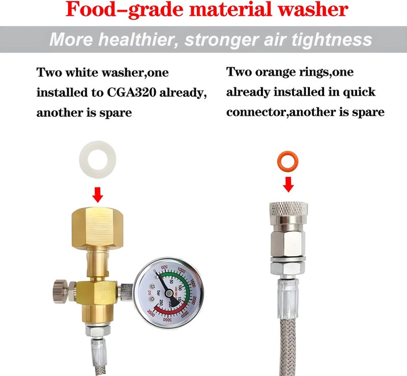 VaVoger Upgraded Soda Machine Co2 Adapter Stainless Steel Hose with Larger Pressure Gauge, CGA320 Co2 Tank Direct Hose Adapter to Jet/One Touch/Fizzi/Aqua Fizz Soda Water Machine (60 inch) - Image 4