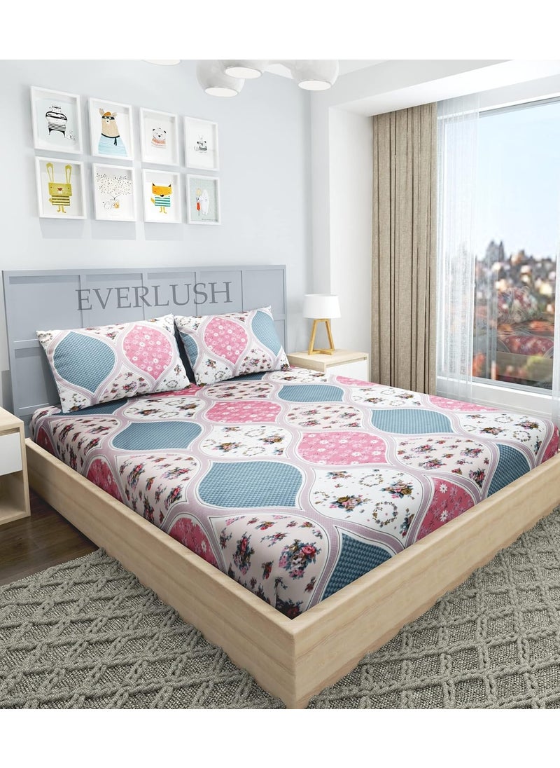 EVERLUSH - Best Fitted Printed Bedsheets Double King Size Bedsheets with 2 Pillow Covers Glace Cotton bedsheet by |EVERLUSH| (White Pink, King 72" X 78") - Image 1