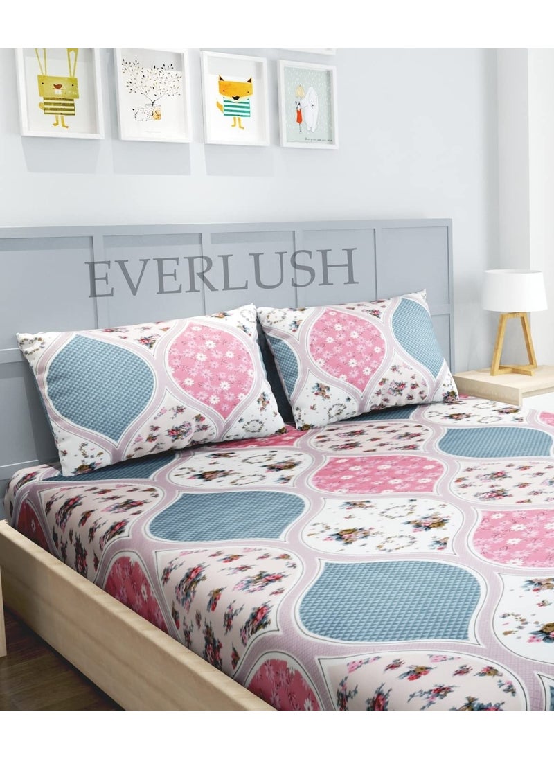 EVERLUSH - Best Fitted Printed Bedsheets Double King Size Bedsheets with 2 Pillow Covers Glace Cotton bedsheet by |EVERLUSH| (White Pink, King 72" X 78") - Image 1