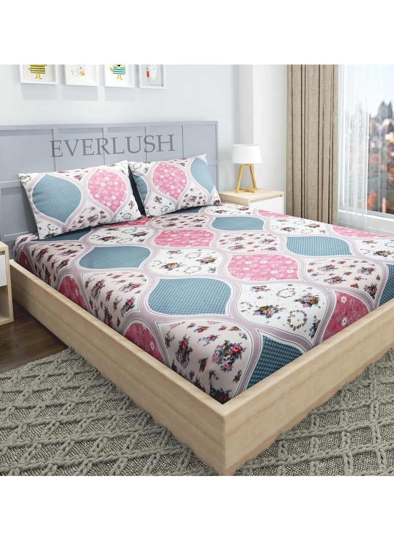 EVERLUSH - Best Fitted Printed Bedsheets Double King Size Bedsheets with 2 Pillow Covers Glace Cotton bedsheet by |EVERLUSH| (White Pink, King 72" X 78") - Image 1