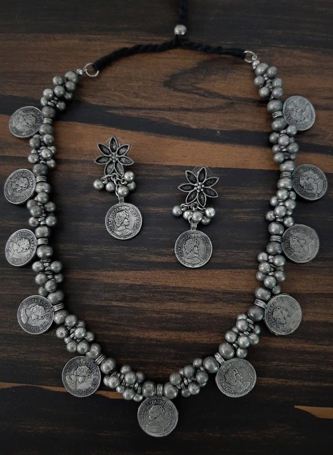Siddhatva Ethnic Coins Designer Statement Afghani Antique Oxidised Silver Indian Tassel Ghungroo Beads Tribal Gypsy Choker Style Necklace Jewelry Women - Image 2