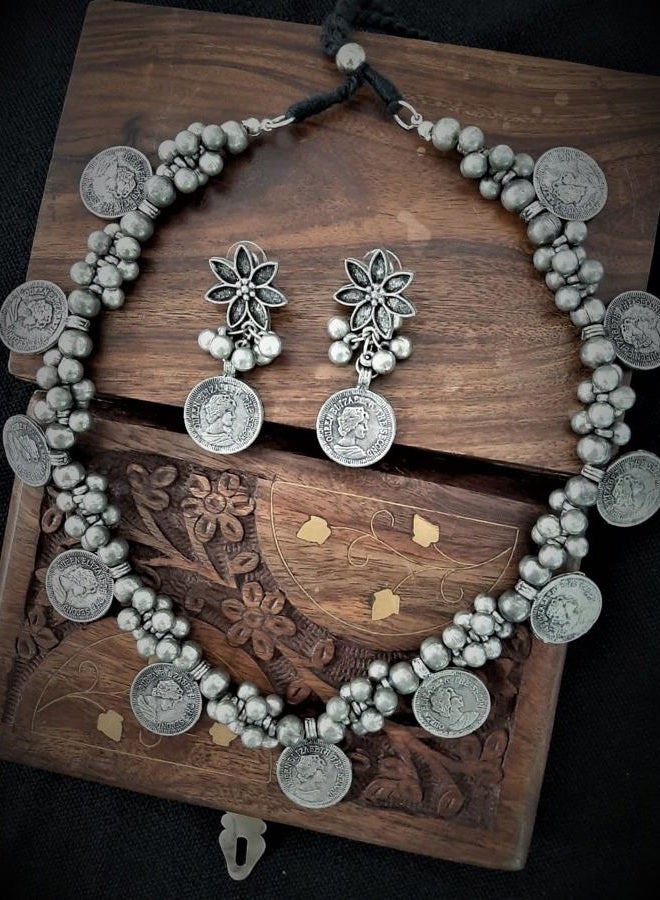 Siddhatva Ethnic Coins Designer Statement Afghani Antique Oxidised Silver Indian Tassel Ghungroo Beads Tribal Gypsy Choker Style Necklace Jewelry Women - Image 3