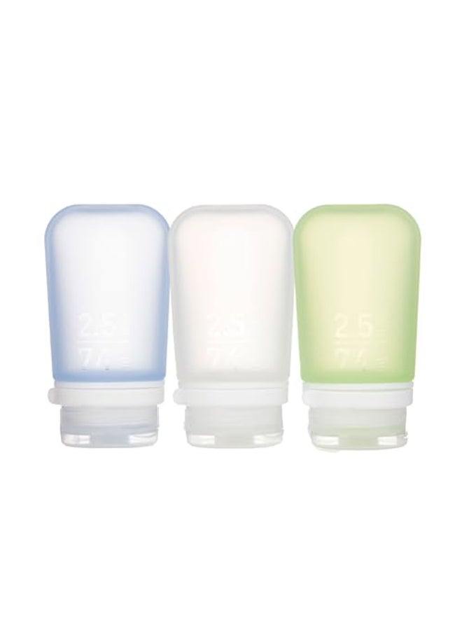 humangear GoToob 3Pack Medium Refillable Silicone Travel Bottle Locking Lid FoodSafe Material ClearGreenBlue Medium 25 floz 74ml - Image 1