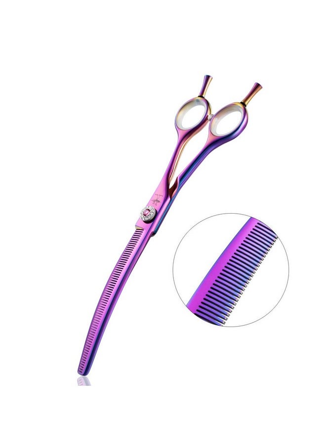 PURPLEBIRD 7 Inch Downward Curved Dog Grooming Scissors Thinning Texturizing Shears Professional Safety Blunt Tip Trimming Shearing For Dogs Cats Face Paws Limbs Japanese Stainless Steel Purple  - Image 1