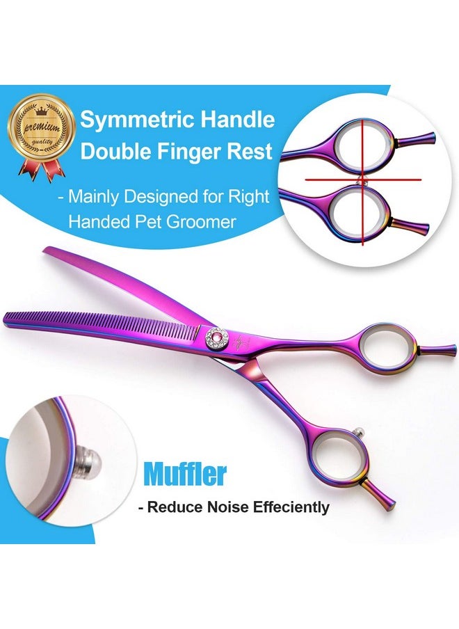 PURPLEBIRD 7 Inch Downward Curved Dog Grooming Scissors Thinning Texturizing Shears Professional Safety Blunt Tip Trimming Shearing For Dogs Cats Face Paws Limbs Japanese Stainless Steel Purple  - Image 3