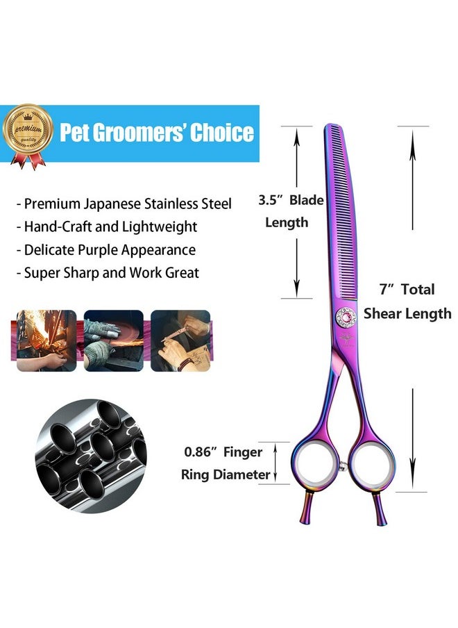 PURPLEBIRD 7 Inch Downward Curved Dog Grooming Scissors Thinning Texturizing Shears Professional Safety Blunt Tip Trimming Shearing For Dogs Cats Face Paws Limbs Japanese Stainless Steel Purple  - Image 4