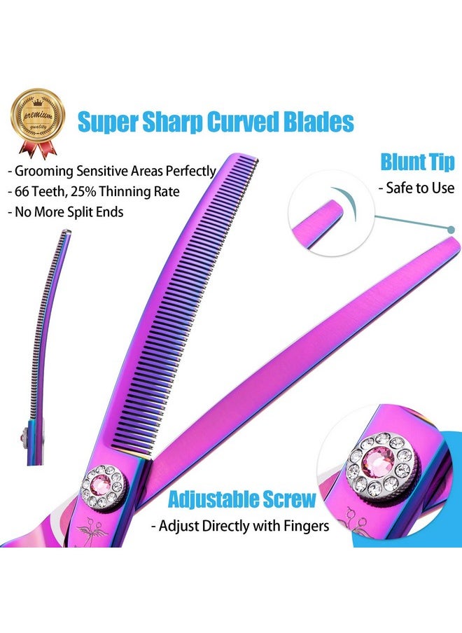 PURPLEBIRD 7 Inch Downward Curved Dog Grooming Scissors Thinning Texturizing Shears Professional Safety Blunt Tip Trimming Shearing For Dogs Cats Face Paws Limbs Japanese Stainless Steel Purple  - Image 2