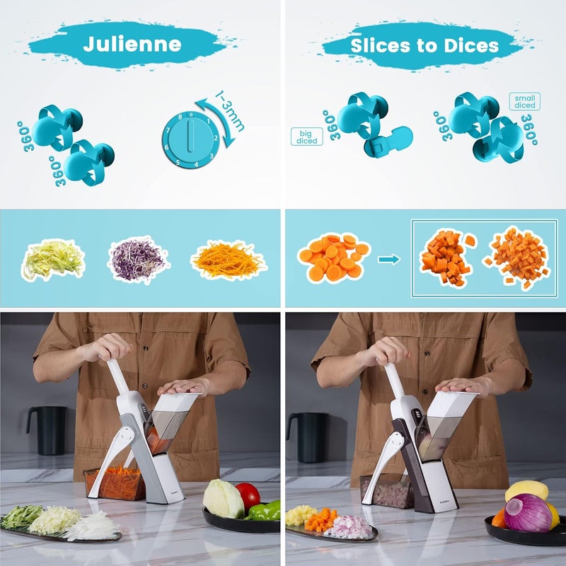 SupMaKin Safe Mandoline Slicer for Kitchen, Adjustable Potato Slicer,Vegetable Chopper, Mandolin Food Slicer, French Fry Cutter, 5 in 1 Chopping Artifact for Kitchen Chef Meal Prep (SkyBlue) - Image 4