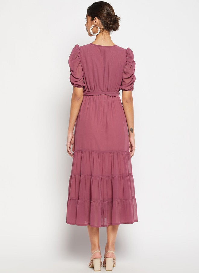 WineRed Wine Red Keyhole Neck Puff Sleeve Georgette Tiered Fit and Flare Midi Dress - Image 5