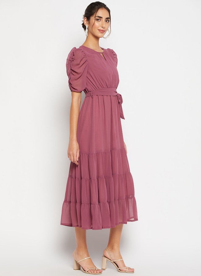 WineRed Wine Red Keyhole Neck Puff Sleeve Georgette Tiered Fit and Flare Midi Dress - Image 3