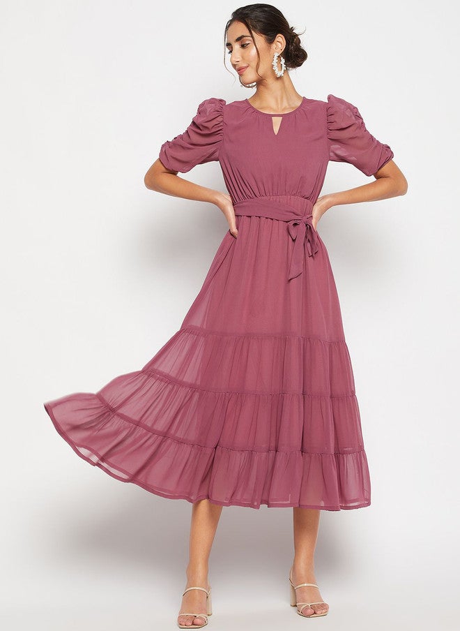 WineRed Wine Red Keyhole Neck Puff Sleeve Georgette Tiered Fit and Flare Midi Dress - Image 1