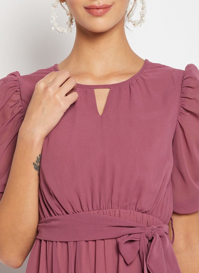 WineRed Wine Red Keyhole Neck Puff Sleeve Georgette Tiered Fit and Flare Midi Dress - Image 2