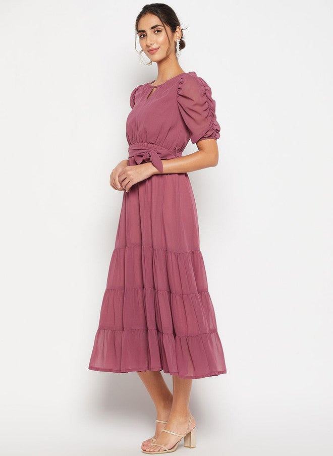 WineRed Wine Red Keyhole Neck Puff Sleeve Georgette Tiered Fit and Flare Midi Dress - Image 4