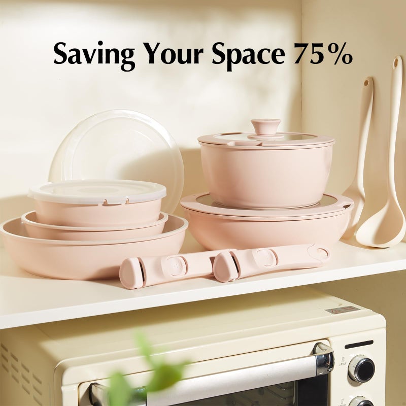 Redchef Pans and Pots Set Nonstick, Ceramic Cookware Set with Detachable Handles 16Pcs, Induction Dishwasher Oven Safe Kitchen Cooking Set, PFAS PFOA & PTFE Free, Pink - Image 4