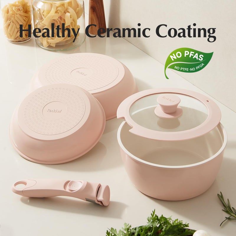 Redchef Pans and Pots Set Nonstick, Ceramic Cookware Set with Detachable Handles 16Pcs, Induction Dishwasher Oven Safe Kitchen Cooking Set, PFAS PFOA & PTFE Free, Pink - Image 5