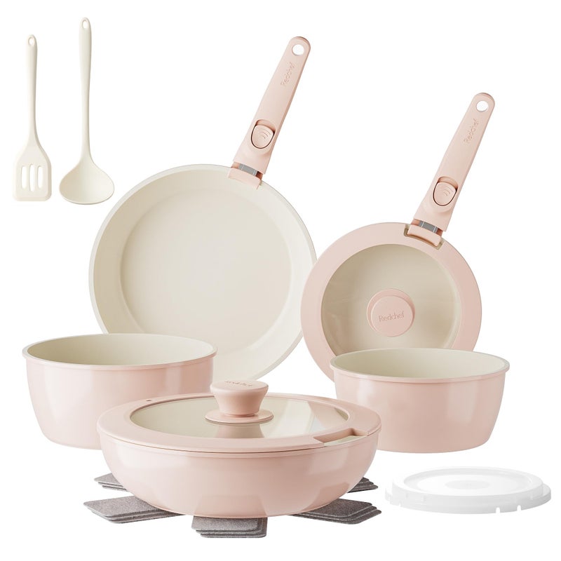 Redchef Pans and Pots Set Nonstick, Ceramic Cookware Set with Detachable Handles 16Pcs, Induction Dishwasher Oven Safe Kitchen Cooking Set, PFAS PFOA & PTFE Free, Pink - Image 1