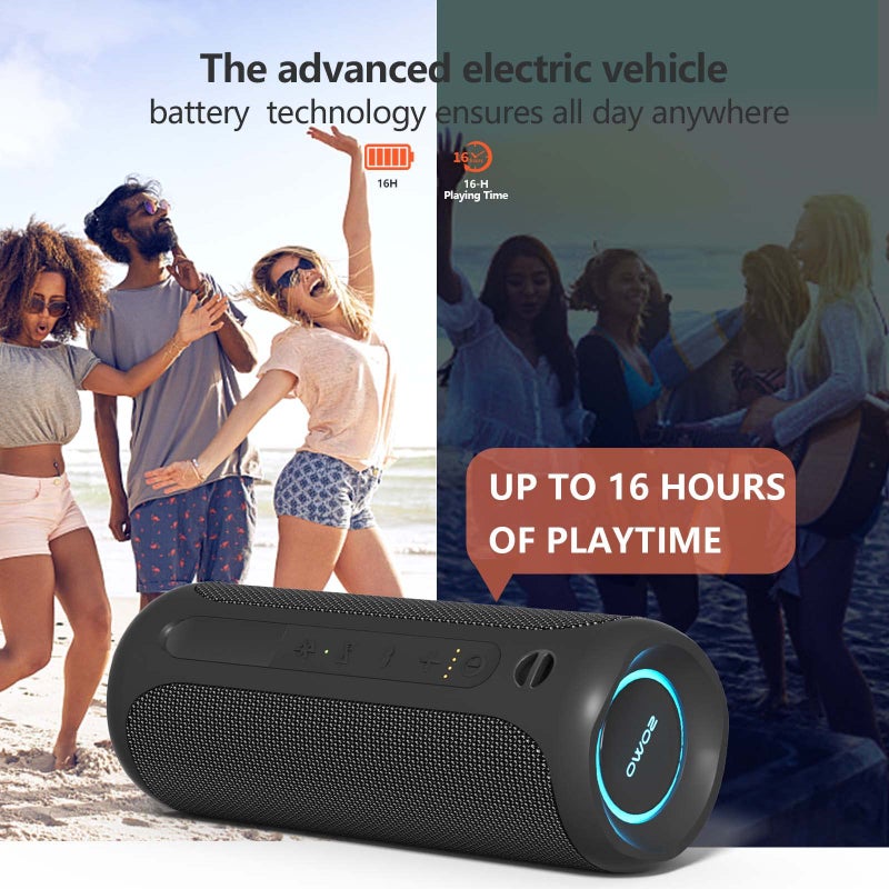 SOWO مكبر صوت محمول، مكبر صوت بلوتوث لاسلكي، مقاوم للماء IPX7، صوت ستيريو عالٍ 25 واط، تقنية باس بوم، اقتران TWS، ميكروفون مدمج، وقت تشغيل 16 ساعة مع أضواء للاستخدام المنزلي والخارجي - أسود - Image 4