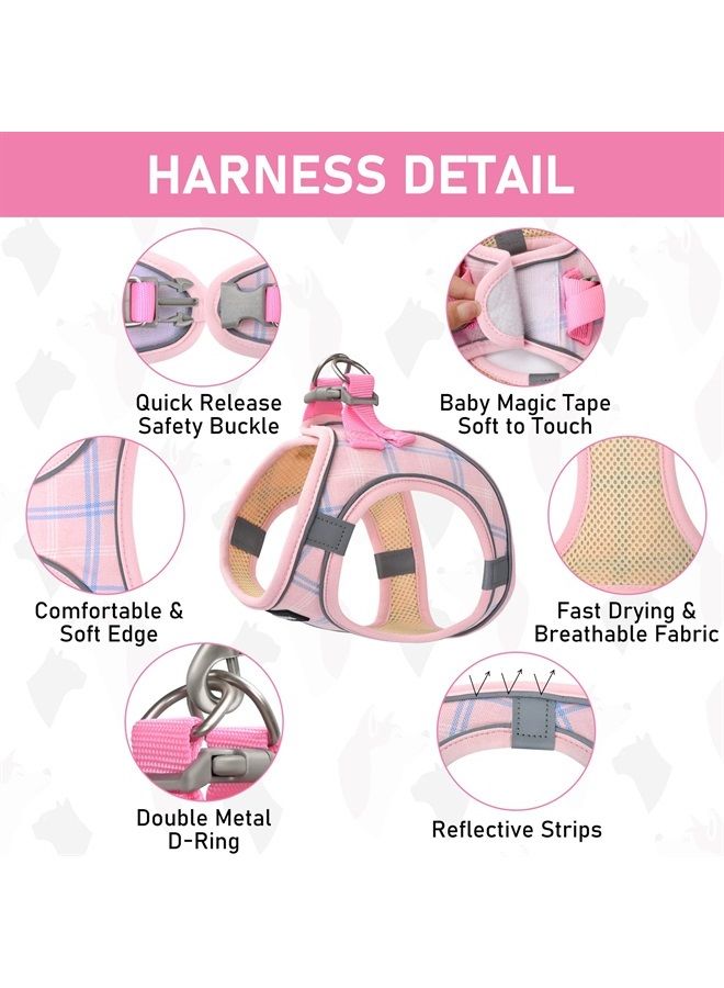 GAMUDA Small Pet Harness Collar and Leash Set, Step in No Chock No Pull Soft Mesh Adjustable Dog Vest Harnesses Plaid Reflective for Dogs Puppy and Cats Outdoor Training and Running (Pink, XXS) - Image 1