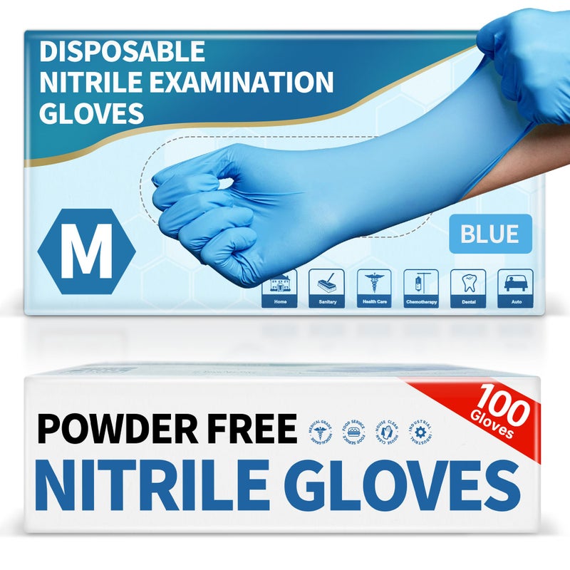 Medguy Powder-Free Nitrile Exam Gloves, 4.5 Mil, 100 Pcs Blue Disposable Latex-Free Food-Safe Medical Cleaning Cooking Gloves (Medium) - Image 1