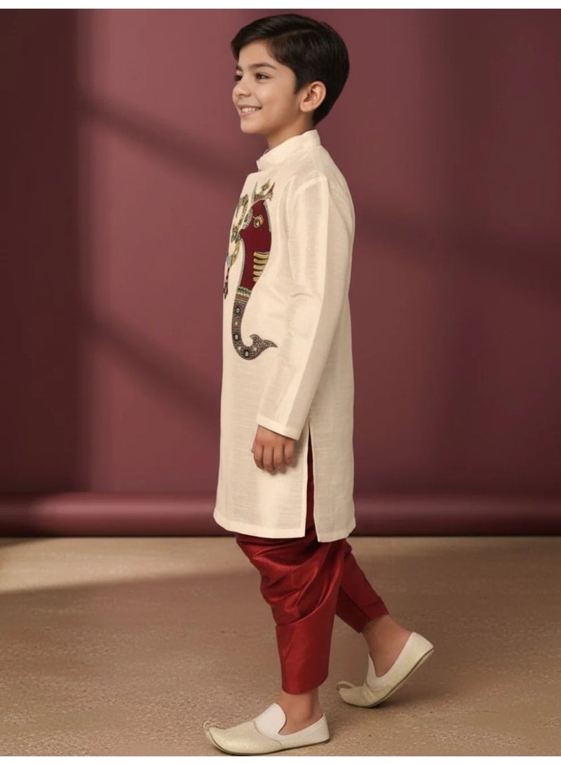 Devoiler Boys Beige Printed Design Art Silk Kurta Set - Image 2