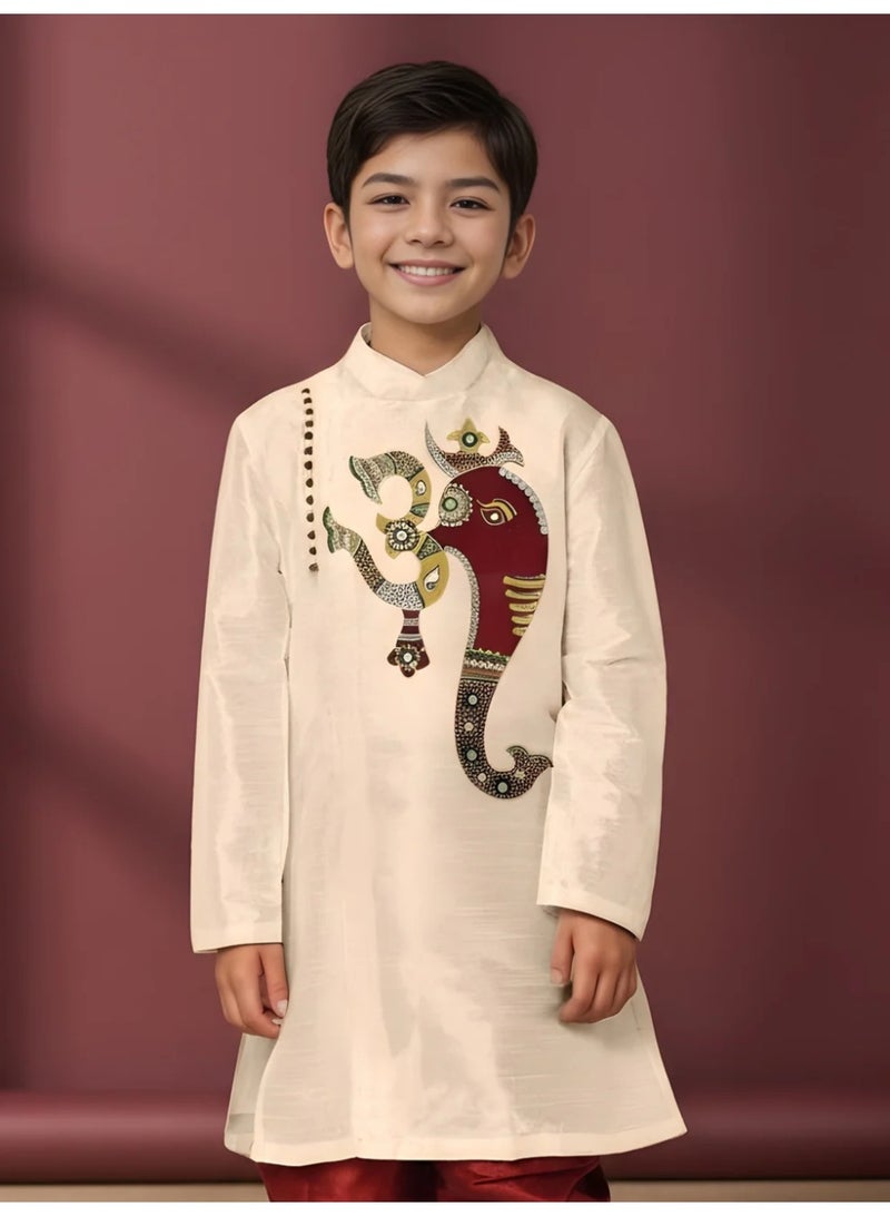Devoiler Boys Beige Printed Design Art Silk Kurta Set - Image 3