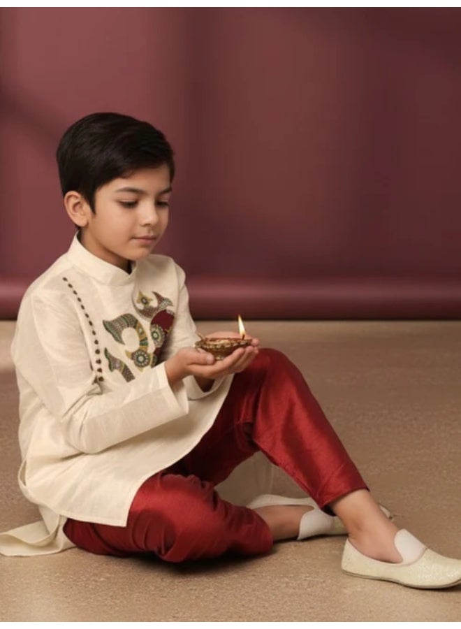 Devoiler Boys Beige Printed Design Art Silk Kurta Set - Image 1