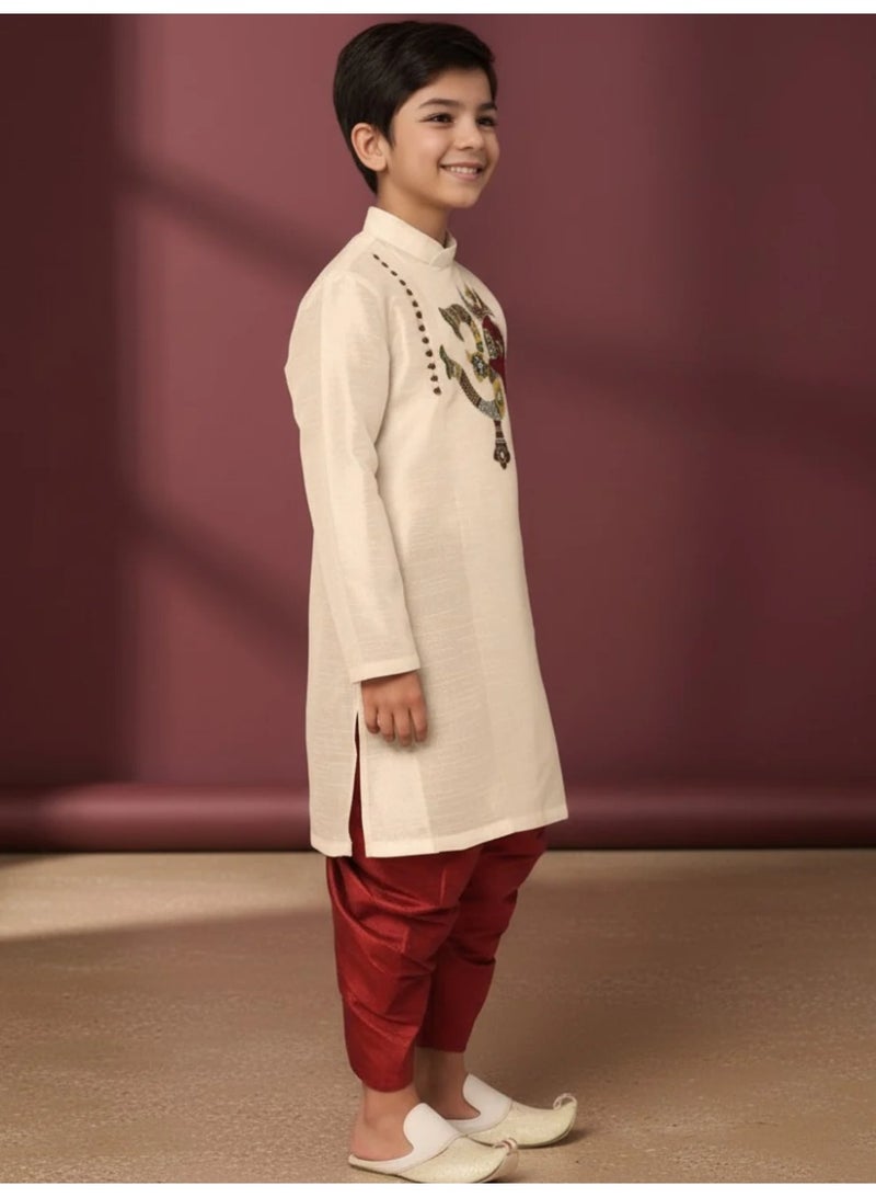 Devoiler Boys Beige Printed Design Art Silk Kurta Set - Image 5