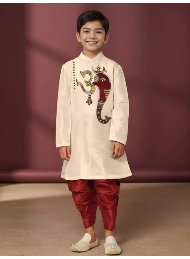 Devoiler Boys Beige Printed Design Art Silk Kurta Set - Image 4
