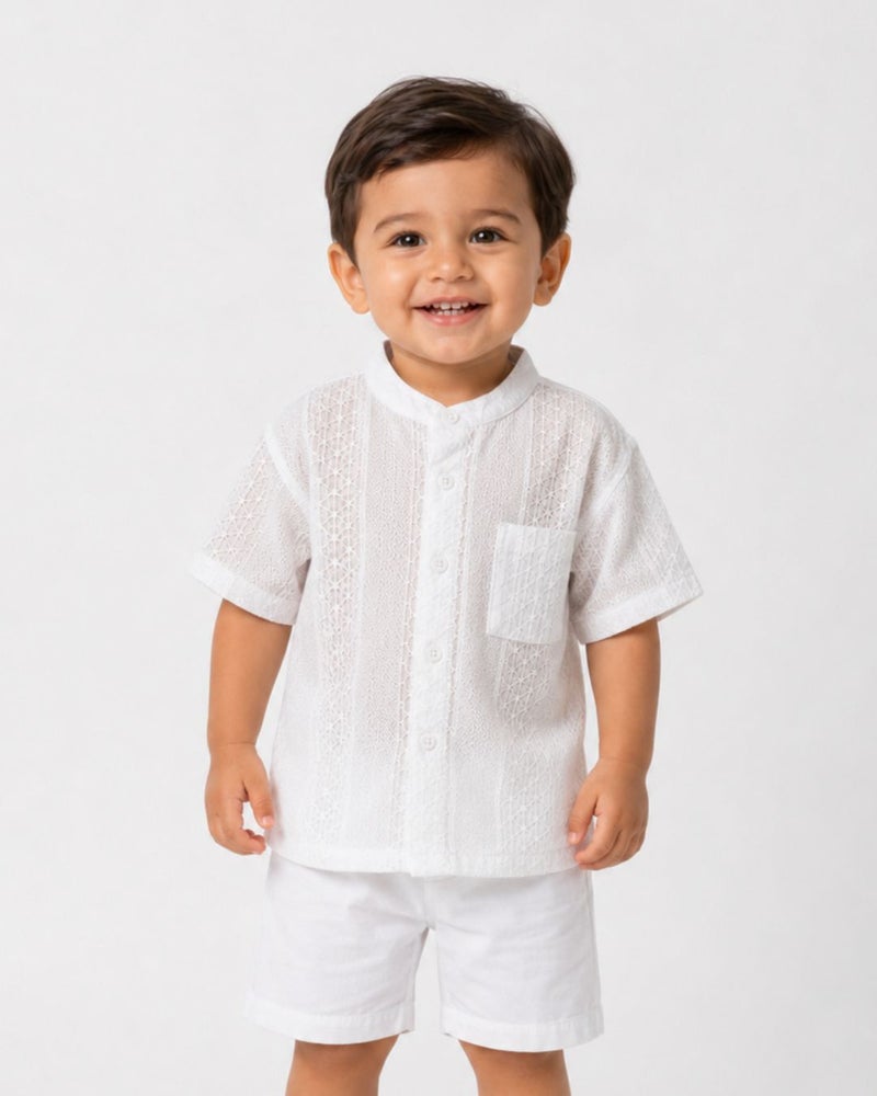 Zeron White Textured Cotton Mandarin Collar Shirt for Boys Casual Smart Casual Party Wear Shirt - Image 2