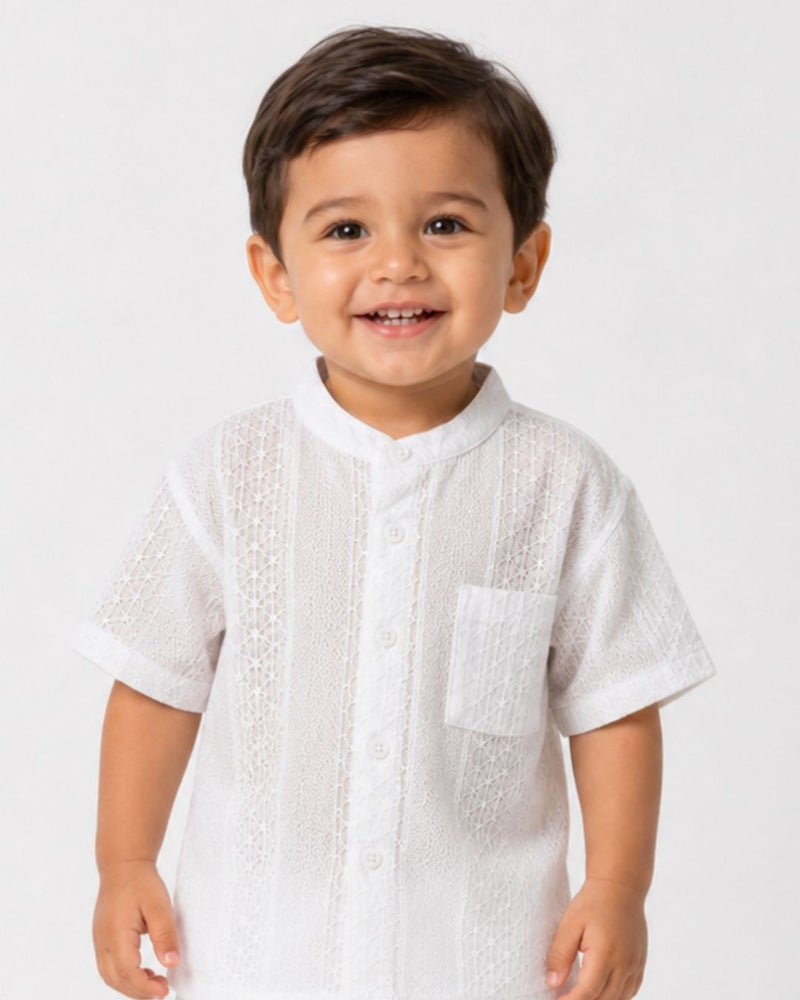 Zeron White Textured Cotton Mandarin Collar Shirt for Boys Casual Smart Casual Party Wear Shirt - Image 1