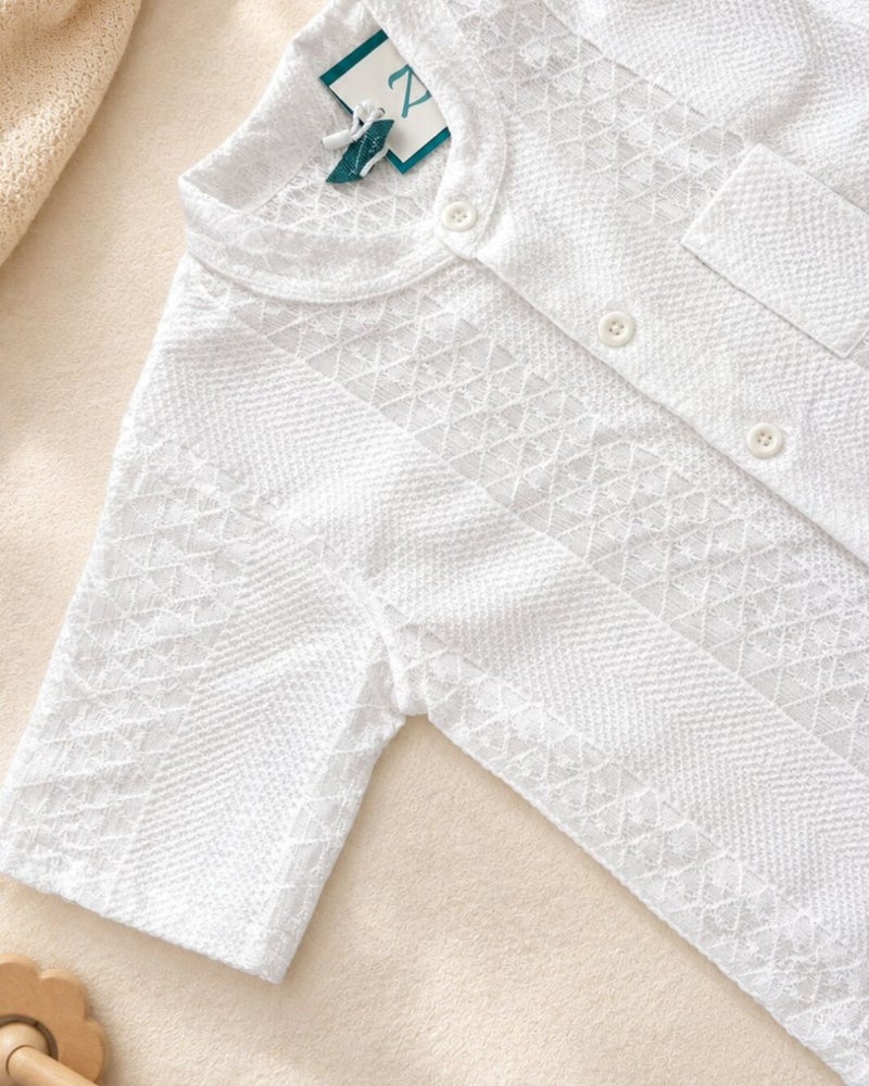 Zeron White Textured Cotton Mandarin Collar Shirt for Boys Casual Smart Casual Party Wear Shirt - Image 3