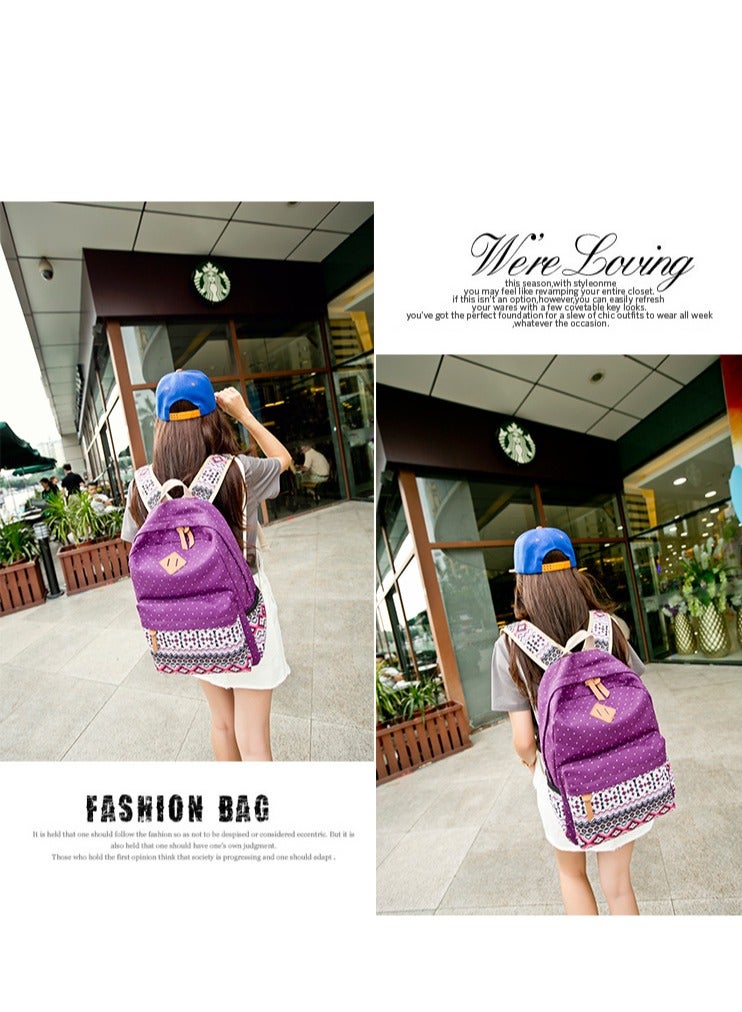 Vintage School Bags for Teenagers Girls Schoolbag Large Capacity Lady Canvas Dot Printing Backpack Rucksack Book Bag (Purple) - Image 4