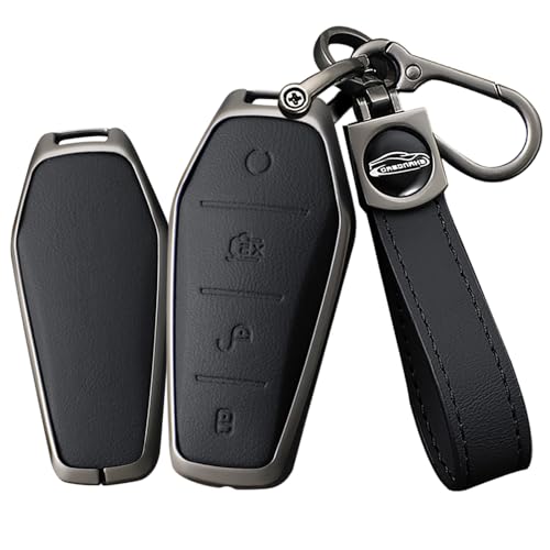 TECART Metal Key Fob Cover with Keychain Fit for BYD Han Ev Tang Dm 4 Button Leather Car Key Case Protector Key Cover Black