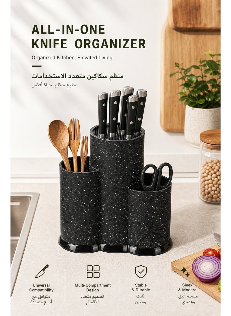 رف سكاكين المطبخ، حامل سكاكين، حامل سكاكين على سطح الطاولة، تخزين بلاستيكي متعدد الإمكانات لأواني عيدان تناول الطعام للسكاكين، منظم صرف جيد التهوية مضاد للعفن الفطري للعائلات الكبيرة والمستأجرين والفنادق والأمهات، (نقاط ندفة الثلج السوداء) - Image 1