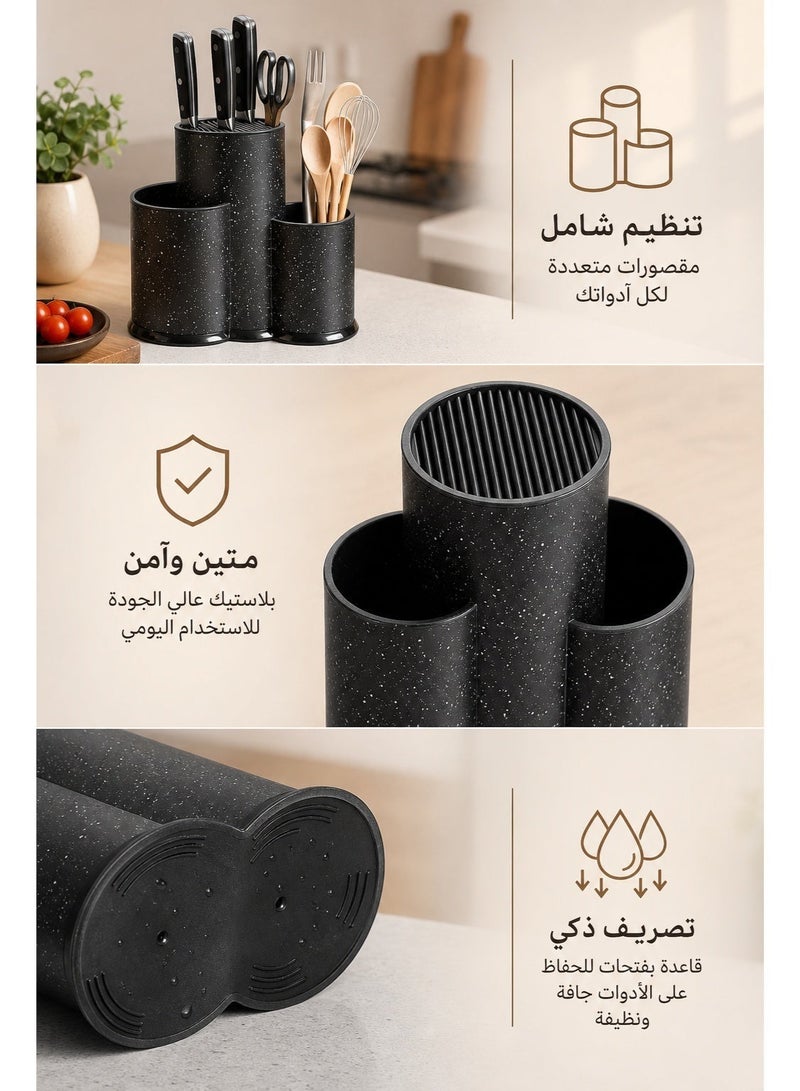 رف سكاكين المطبخ، حامل سكاكين، حامل سكاكين على سطح الطاولة، تخزين بلاستيكي متعدد الإمكانات لأواني عيدان تناول الطعام للسكاكين، منظم صرف جيد التهوية مضاد للعفن الفطري للعائلات الكبيرة والمستأجرين والفنادق والأمهات، (نقاط ندفة الثلج السوداء) - Image 4