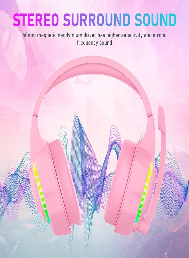 MANBASNAKE Gaming Headset with Microphone for PS4 PC Xbox One PS5 Controller,Noise Cancelling Over Ear Headphones with Adjustable Mic,Breathing RGB Light,Bass Surround,Soft Memory Earmuffs for Laptop Mac(Pink) - Image 2