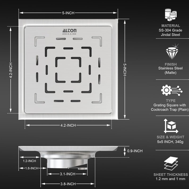 ALTON ALD1002 SS304 Grade 5x5 INCH Plain Bathroom Grating Square Floor Drain Jali with Cockroach Trap Matte - Image 2