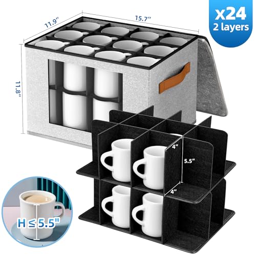 Foyego 2-Layer Coffee Mug Storage Box with Dividers, Cup Storage Organizer with Zipper Lid and Handles, Stackable China Storage Containers Service for 24 Mugs, Cups and Glasses, Light Grey - Image 2