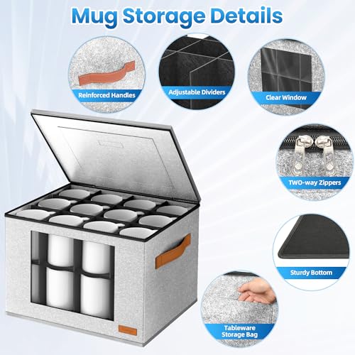 Foyego 2-Layer Coffee Mug Storage Box with Dividers, Cup Storage Organizer with Zipper Lid and Handles, Stackable China Storage Containers Service for 24 Mugs, Cups and Glasses, Light Grey - Image 3