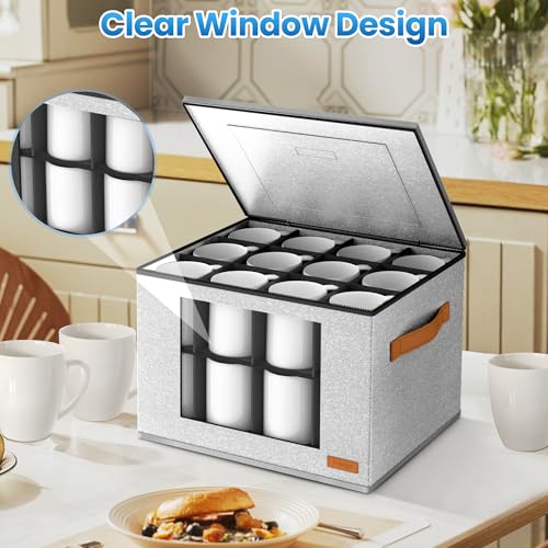 Foyego 2-Layer Coffee Mug Storage Box with Dividers, Cup Storage Organizer with Zipper Lid and Handles, Stackable China Storage Containers Service for 24 Mugs, Cups and Glasses, Light Grey - Image 4