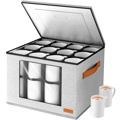 Foyego 2-Layer Coffee Mug Storage Box with Dividers, Cup Storage Organizer with Zipper Lid and Handles, Stackable China Storage Containers Service for 24 Mugs, Cups and Glasses, Light Grey - Image 1