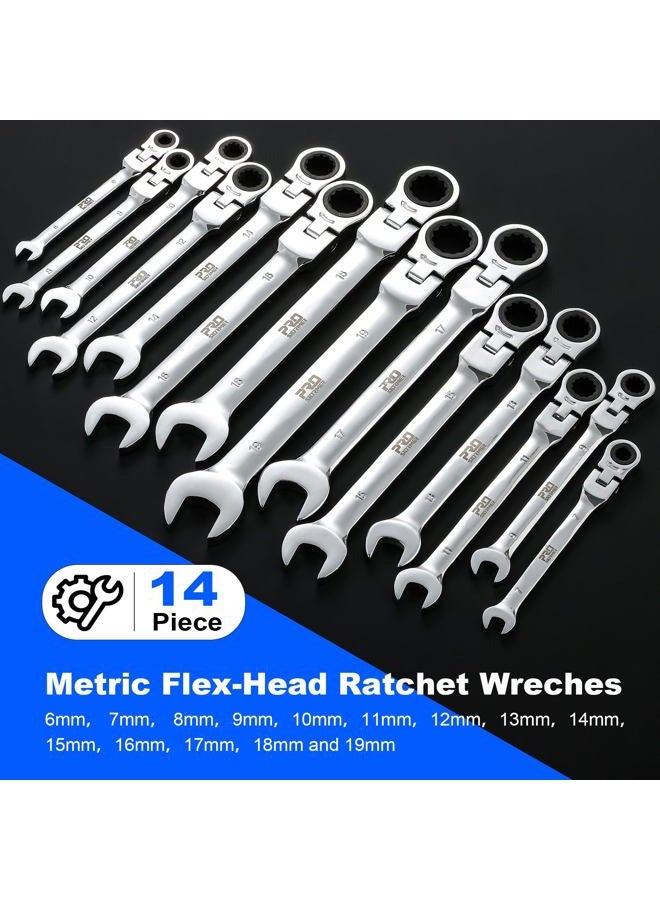 PROSTORMER 14-Piece Flex-Head Ratcheting Wrench Set, 6-19mm Chrome Vanadium Steel Ratchet Wrenches, Metric Combination Ended Spanner Kit with Storage Case - Image 2
