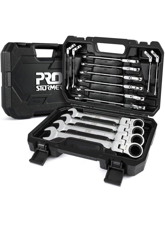 PROSTORMER 14-Piece Flex-Head Ratcheting Wrench Set, 6-19mm Chrome Vanadium Steel Ratchet Wrenches, Metric Combination Ended Spanner Kit with Storage Case - Image 1