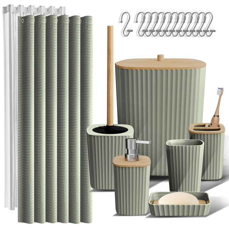 Clara Clark Bathroom Accessories Set - Bathroom Set, Bathroom Accessory Set, Shower Curtain Set, Toilet Brush, Trash Can & Soap Dispenser - Sage Green - 20PC - Image 1
